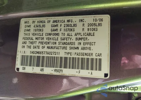 2007 Honda Accord 3.0 Ex из США, поврежденный, VIN 1HGCM66577A027211